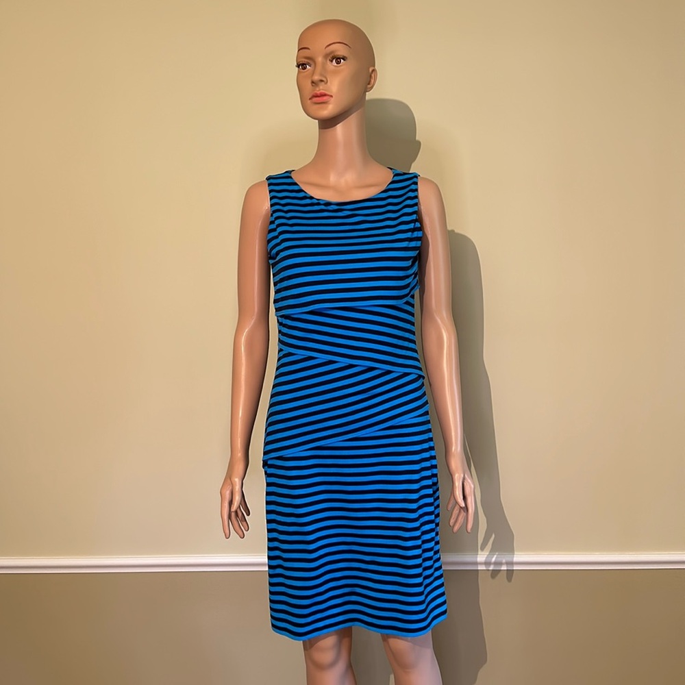J. McLaughlin sleeveless dress dark blue and light blue striped.